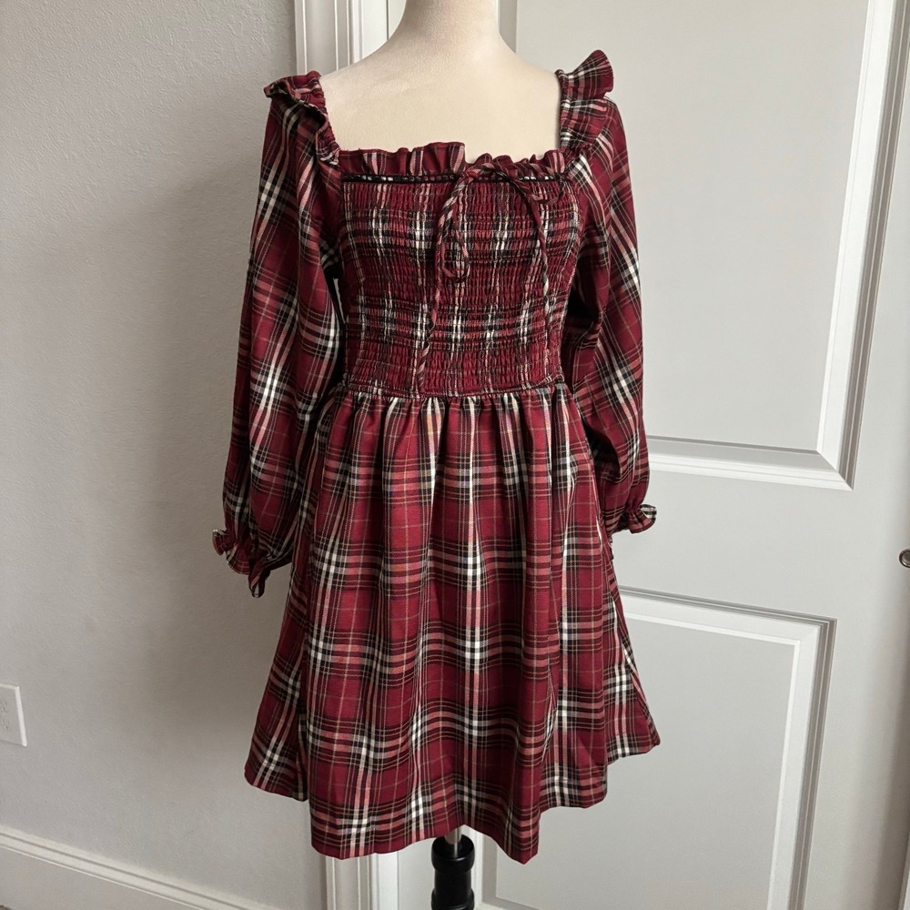 NWT Heyson Red Black Plaid Holiday Dress Smocked Sz S Tartan Babydoll